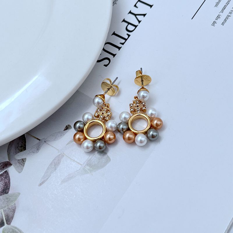 Gold-tone round drop earrings with openwork ring, pearls, and multicolor bead clusters