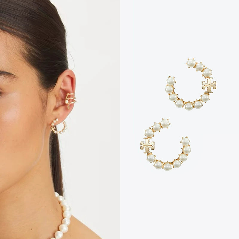 Tory Burch Logo Pearl Hoop Earrings