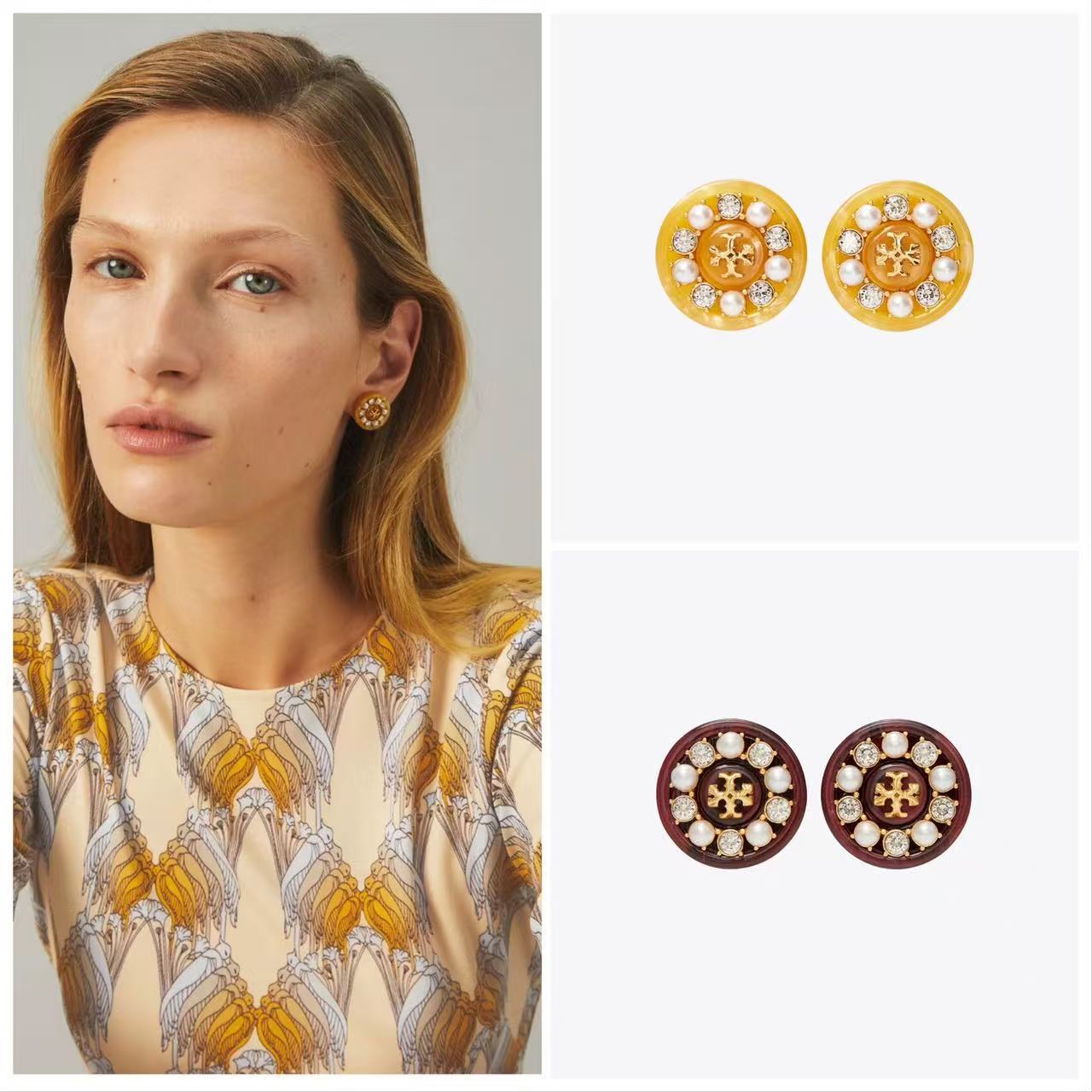Tory Burch classic round pearl rhinestone Studs women
