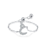 Sterling silver Arabic letter charm ring, pavé crystal S-shape on adjustable chain