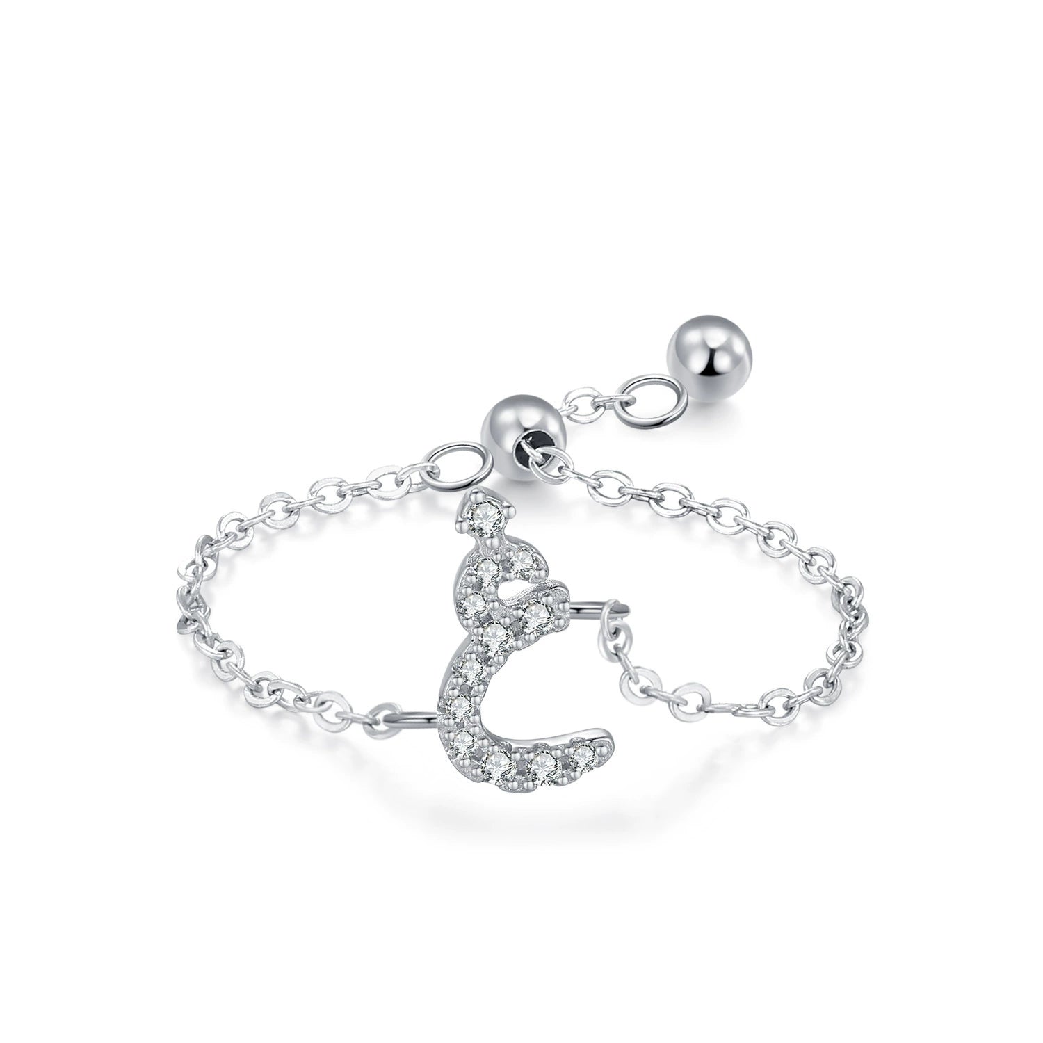 Sterling silver Arabic letter charm ring, pavé crystal S-shape on adjustable chain