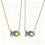 Fish-shaped iridescent pendant necklace set, gold and silver tones