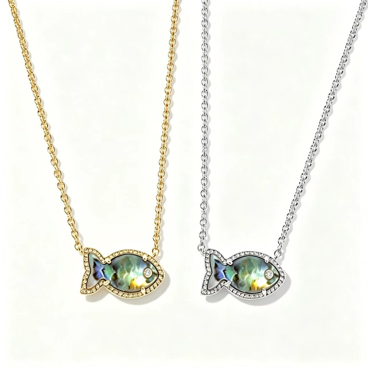 Fish-shaped iridescent pendant necklace set, gold and silver tones