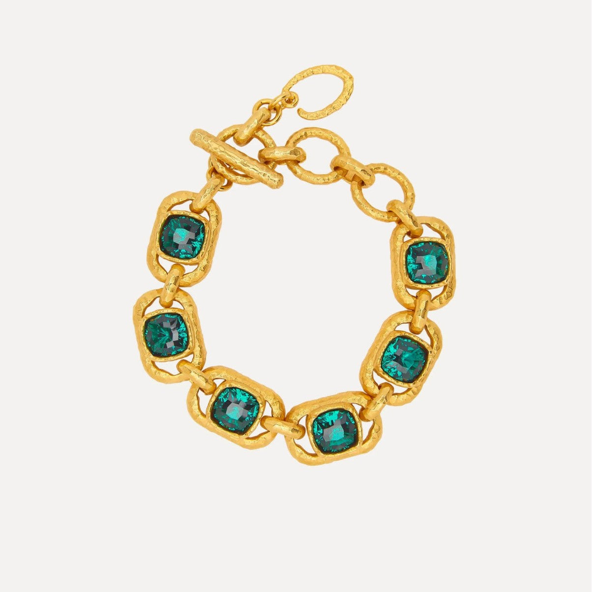 Square crystal toggle bracelet with emerald-green stones and gold links