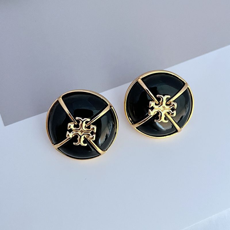 Black enamel round stud earrings with gold-tone cross motif