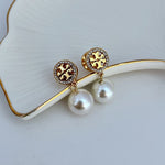 Gold-tone round logo stud earrings with white pearl drops