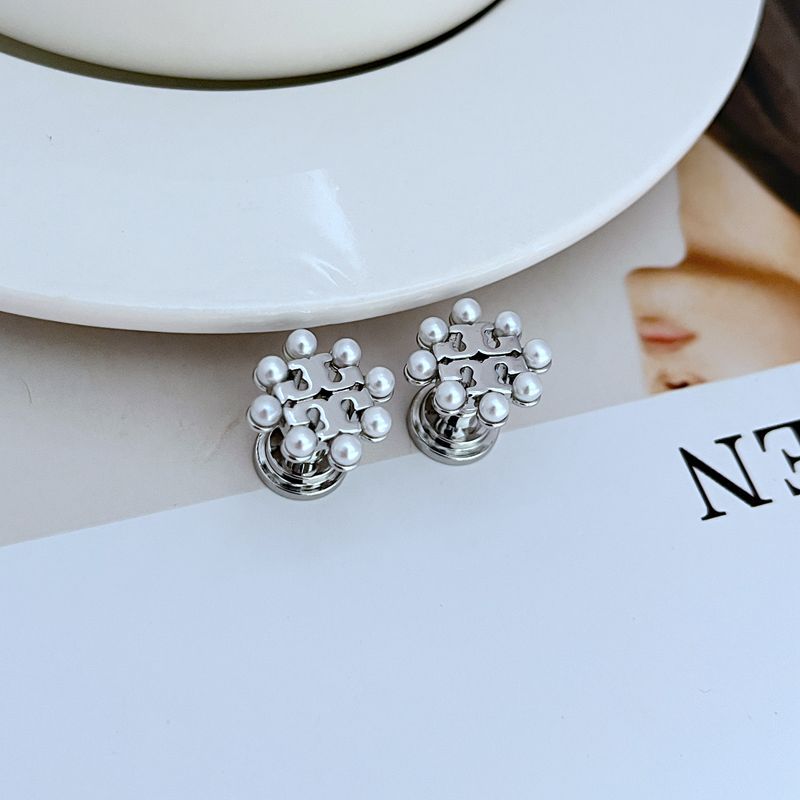 White gold-tone pearl openwork metal stud earrings with clustered round pearls