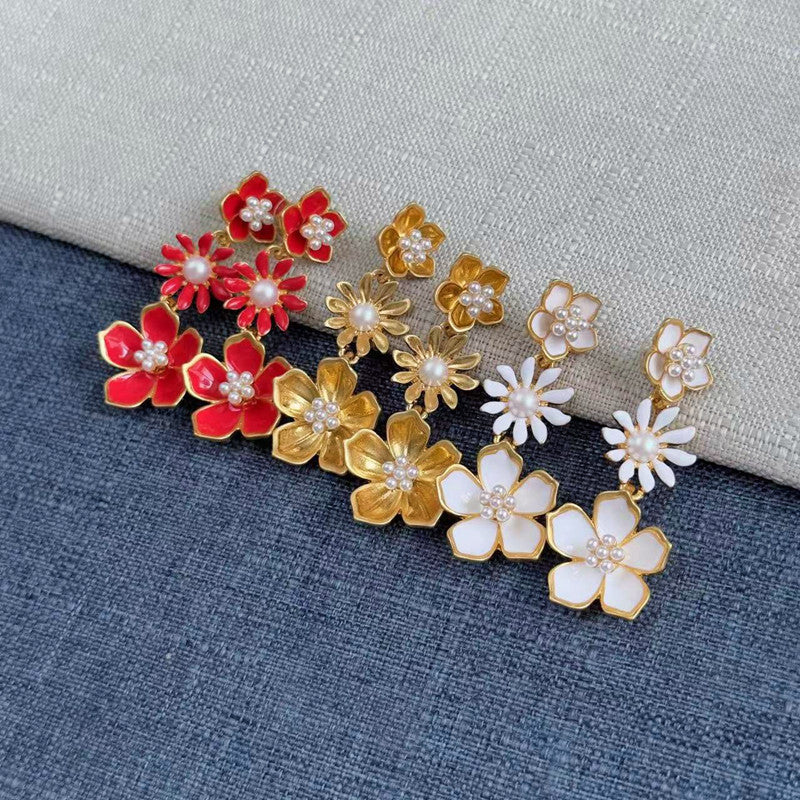 Enamel plum blossom drop earrings, red and gold flowers with pearl details, drop style