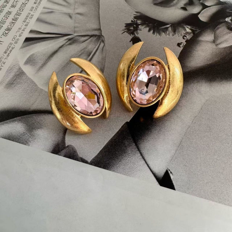 Oval Sparkling Crystal Earrings: rosé oval crystals in gold crescent frames