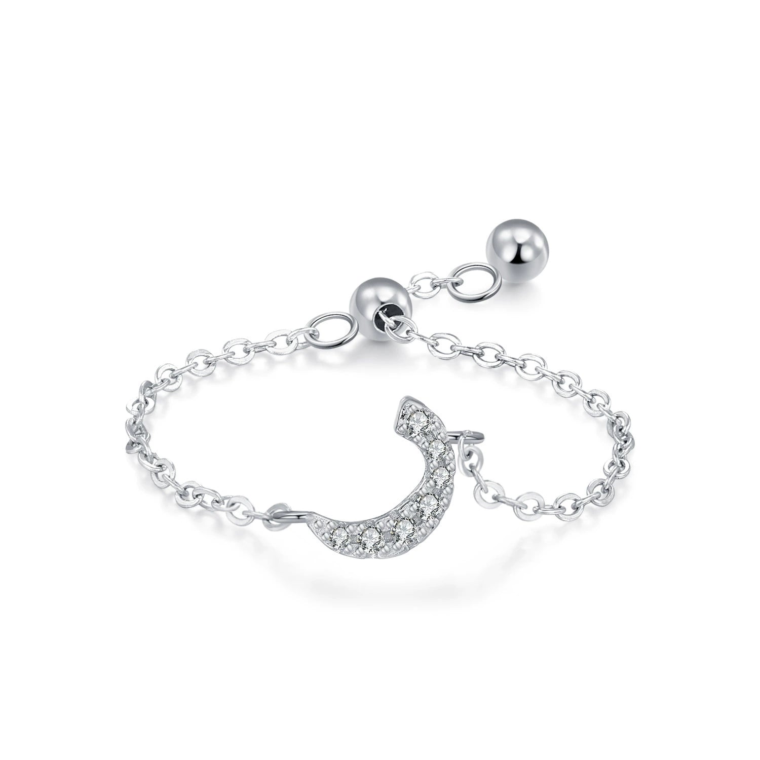 Sterling silver adjustable chain bracelet with Arabic letter charm in clear stones, curved arc