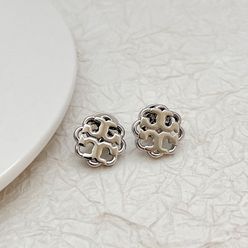 White gold-tone openwork floral logo stud earrings with interlinked metal pattern