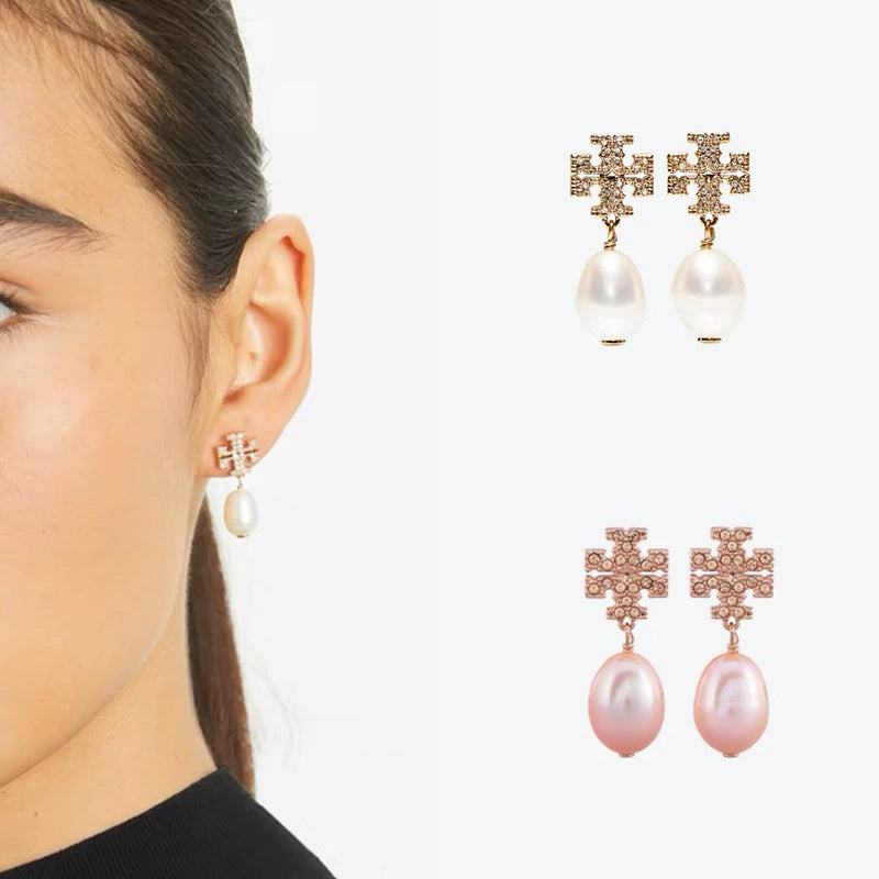 Tory Burch Diamond Logo Natural Pearl Drop Earrings