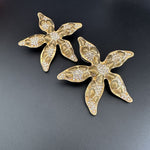 Starfish flower enamel earrings, champagne-gold enamel with crystal accents