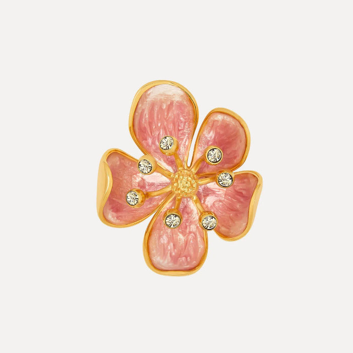 Cherry blossom enamel metal brooch, pink petals with diamond-like center stones
