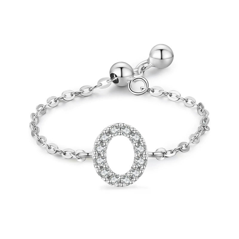 Adjustable sterling silver bracelet with pavé O-shaped initial charm and chain links
