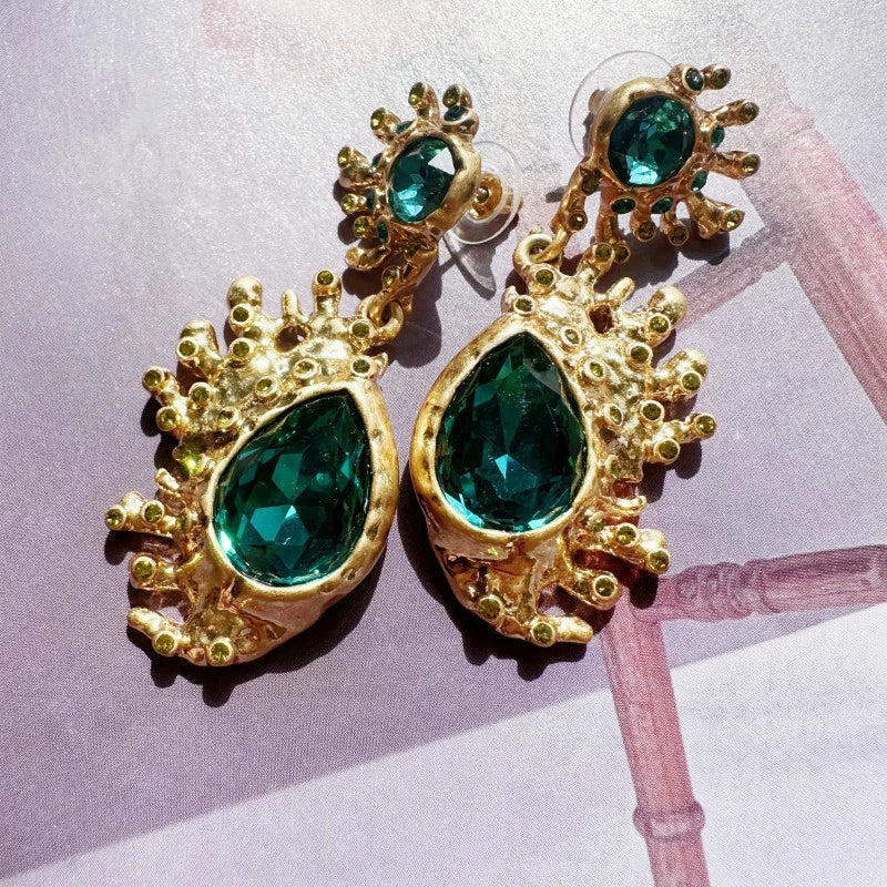 Cactus crystal dangle earrings in gold-tone with emerald-green teardrop stones