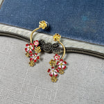 Long enamel flower hoop drop stud earrings with red petals and gold accents