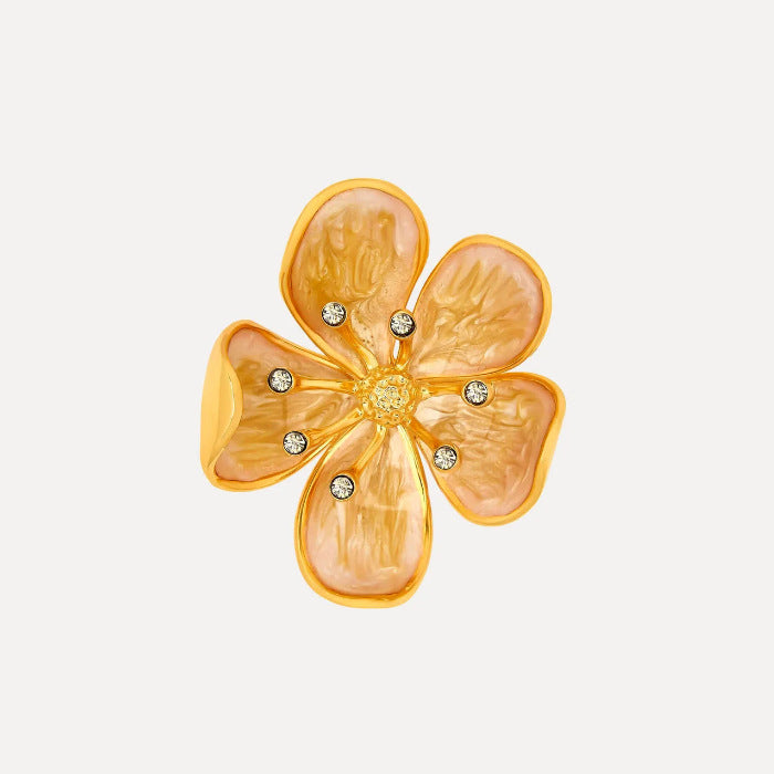Cherry blossom enamel metal brooch, pale yellow petals with diamond-like stones