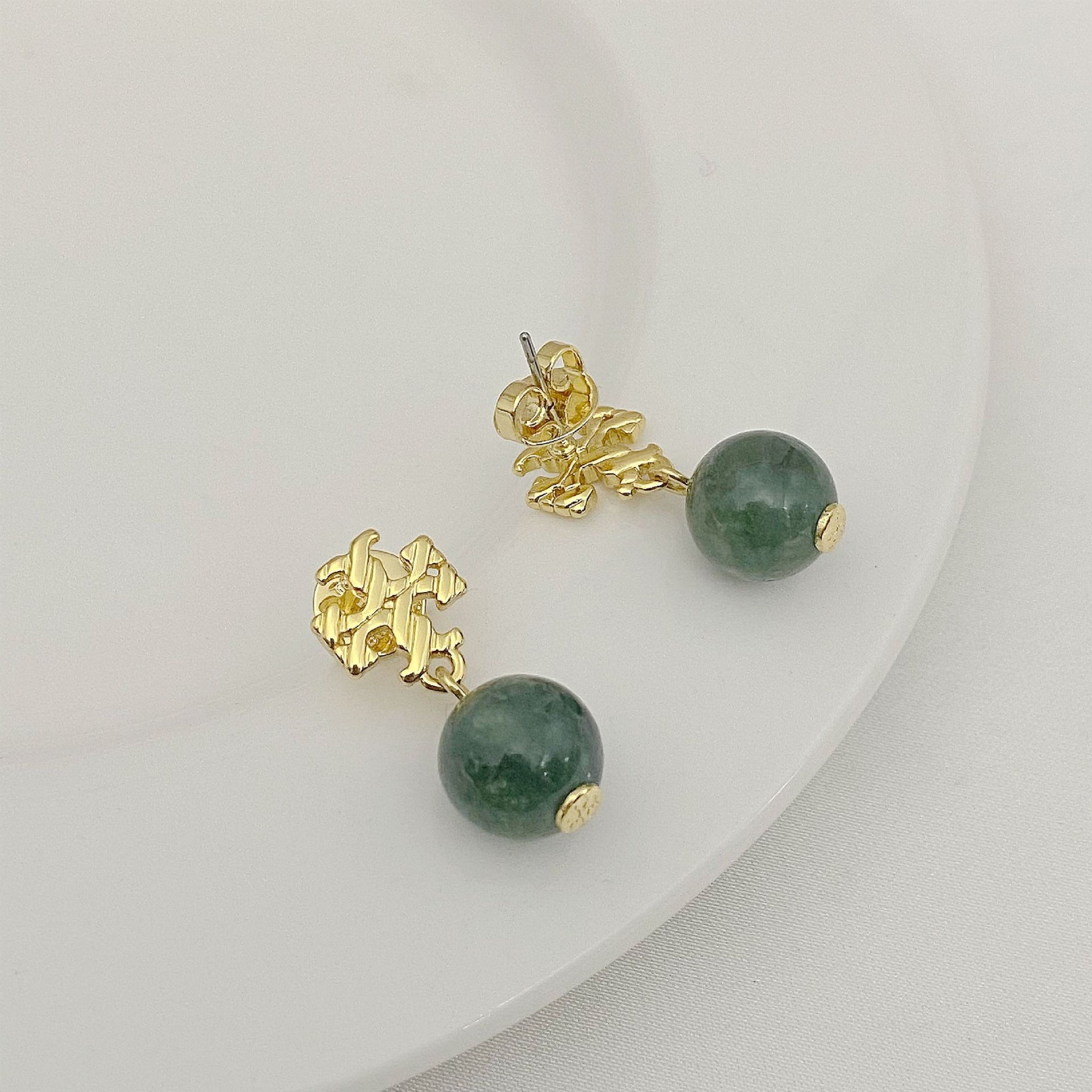Agate pendant earrings, gold-tone with dark green round bead drops