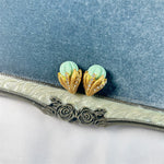 Mint green enamel ice-cream stud earrings with gold-tone filigree and rhinestones