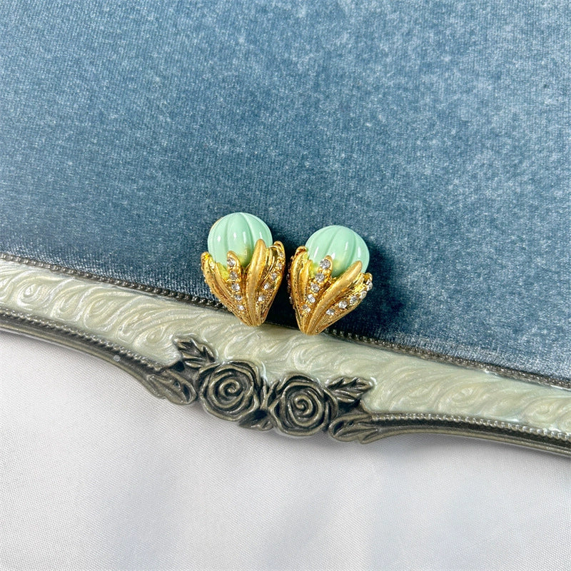 Mint green enamel ice-cream stud earrings with gold-tone filigree and rhinestones