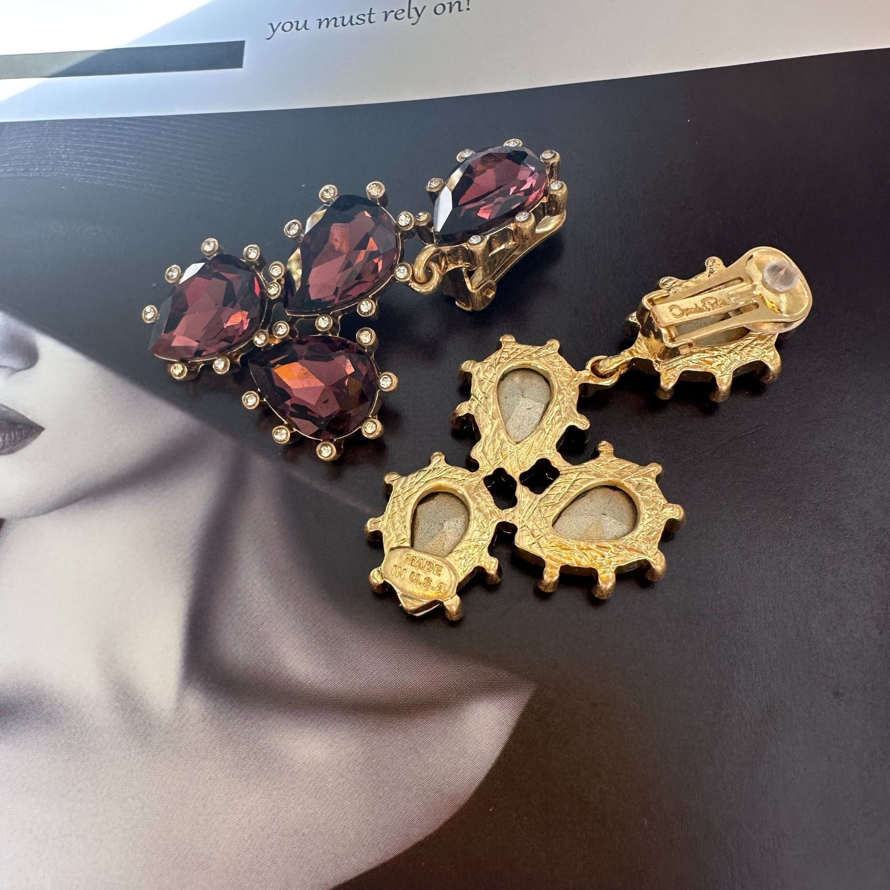 Cactus-cut sparkling glass diamond ear clips in dark red with gold-tone settings
