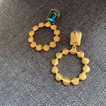 Blue-stone floral zircon earrings, goldtone rings with clover flower pavé accents