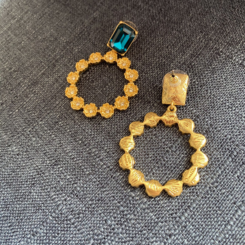 Blue-stone floral zircon earrings, goldtone rings with clover flower pavé accents