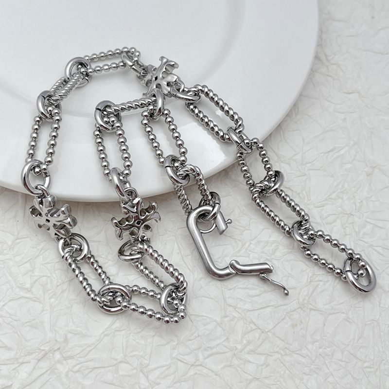Silver-toned chunky chain bracelet/necklace with square logo link charms and hook