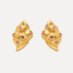 Conch earrings in gold tone with rose-pink and purple diamond-like stones