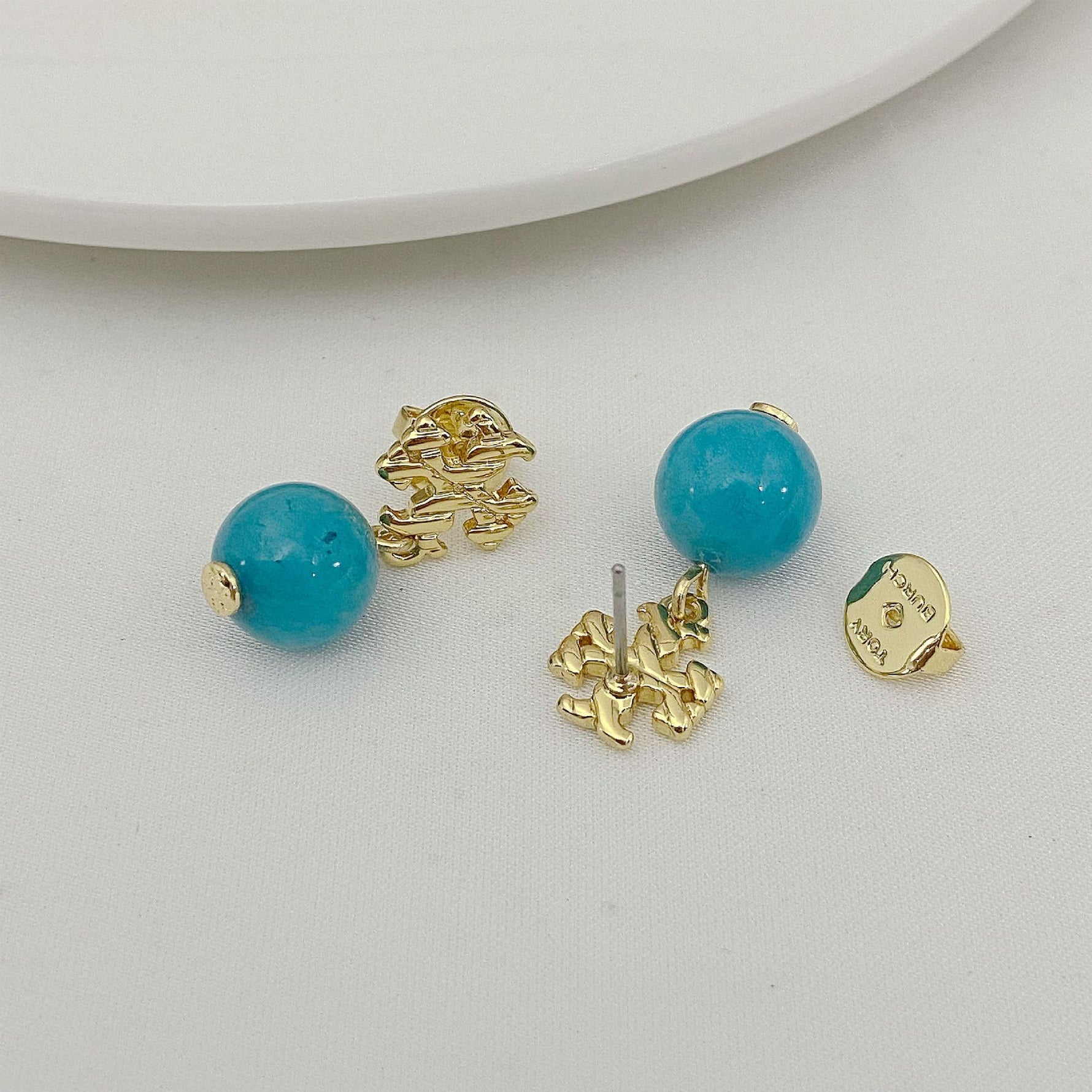 Tory Burch agate pendant earrings, gold-tone with blue round beads