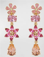Pink teardrop crystal floral earrings with gold-tone and dangling amber crystal drops