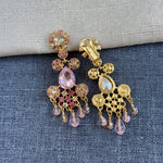 Rhinestone tassel clip-on earrings with pink and clear stones, gold chain tassels