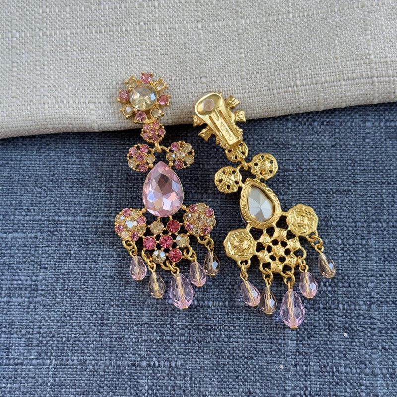 Rhinestone tassel clip-on earrings with pink and clear stones, gold chain tassels