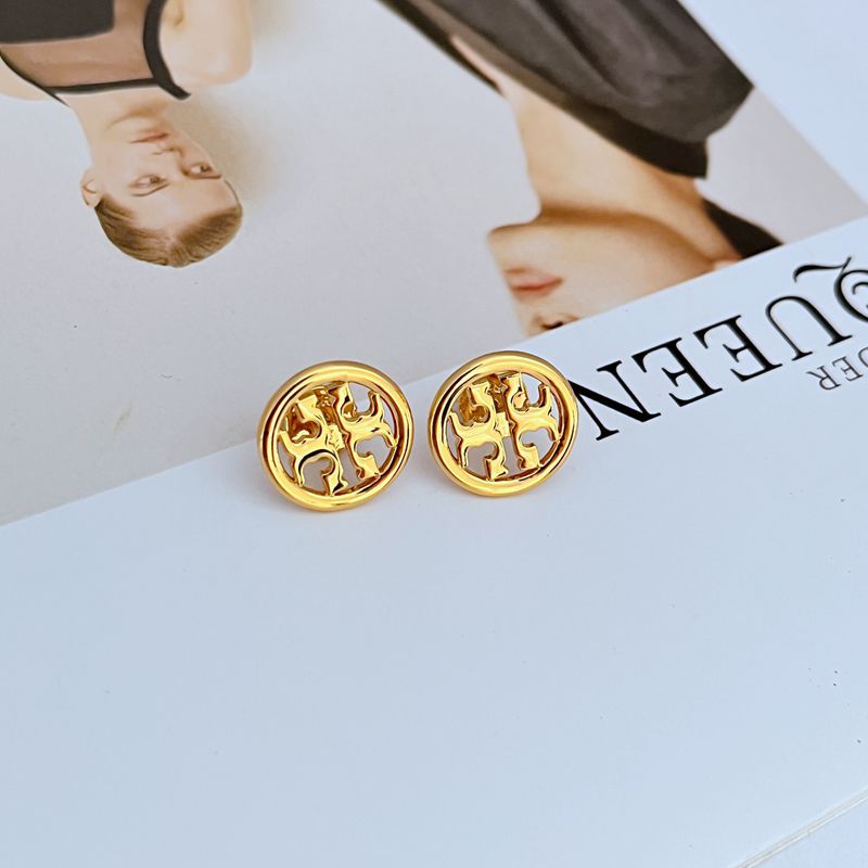 Gold-tone round openwork logo stud earrings, pair with detailed metal cutouts
