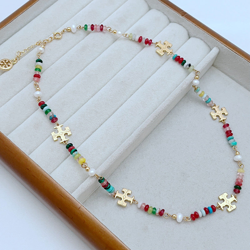 Tory Burch Colored Glass Natural Stone Freshwater Pearl Necklace