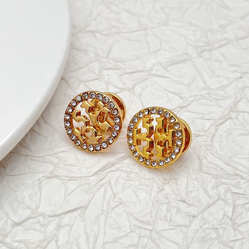 Round logo stud earrings, gold-tone with rhinestone border and openwork center