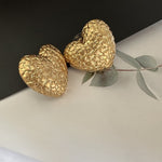 Gold textured heart clip-on earrings, vintage-print heart front pair