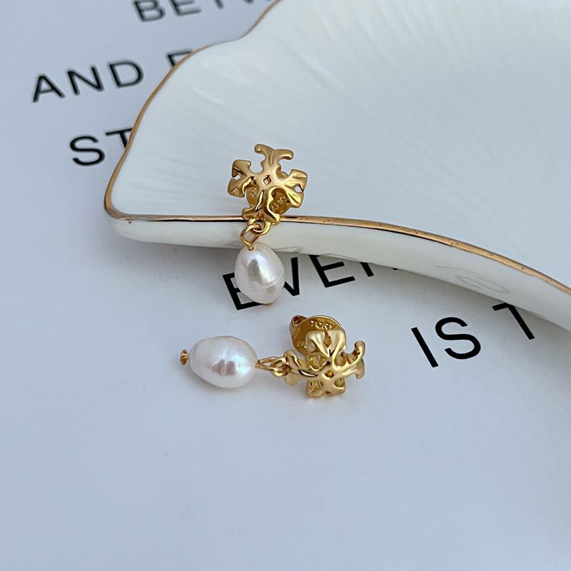 Gold-tone floral logo earrings with dangling freshwater pearls