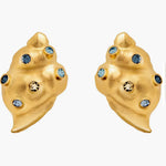 Conch earrings in gold tone with blue diamond-like inlays, shell shape