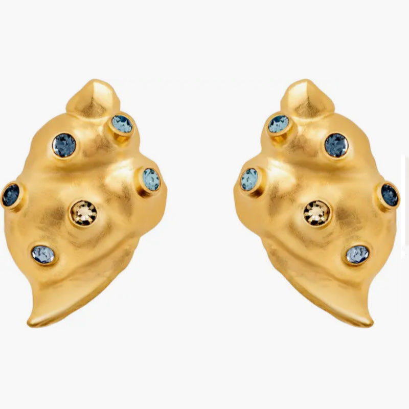 Oscar de la Renta conch earrings, gold with blue and crystal accents