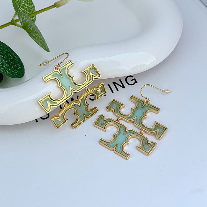Green logo drop earrings with gold-tone metal hooks