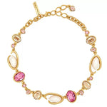 Oscar de la Renta O-ring glass pearl necklace, rose pink and clear stones, gold tone
