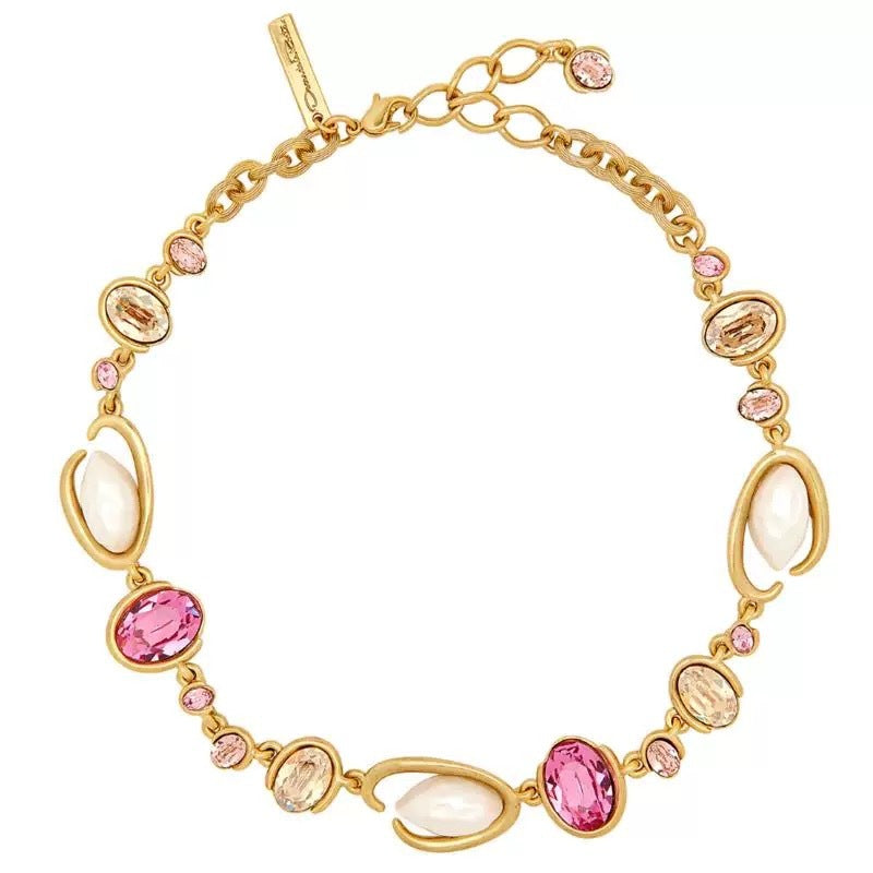 Oscar de la Renta O-ring glass pearl necklace, rose pink and clear stones, gold tone