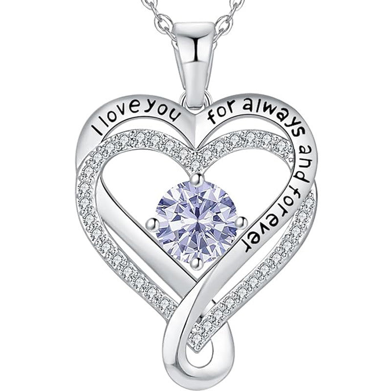 Ewiges Herz Anhänger-Halskette aus S925 Silber mit hellviolettem Stein und Ziersteinrand