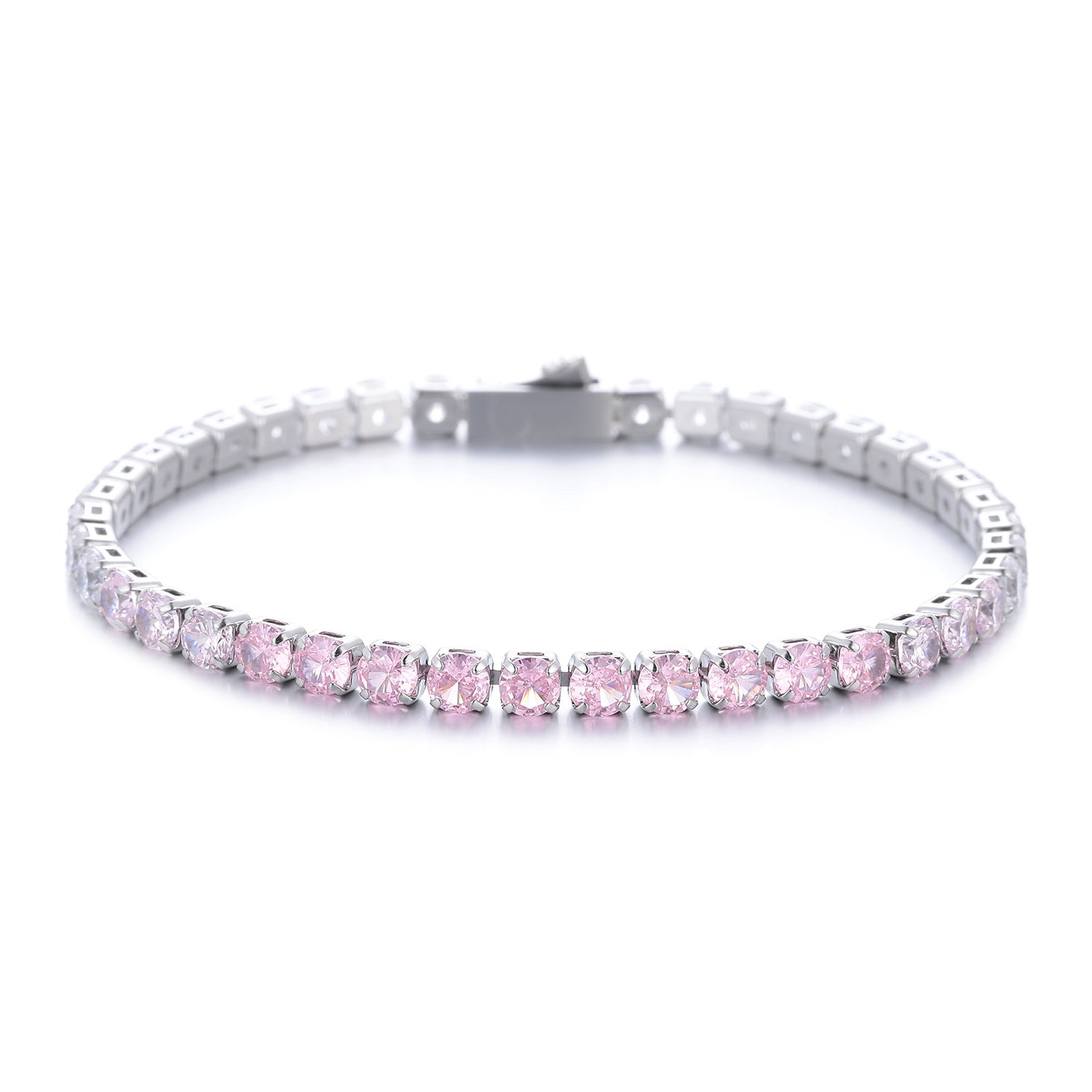 Titanium steel tennis bracelet with pink gradient zirconia stones and square clasp