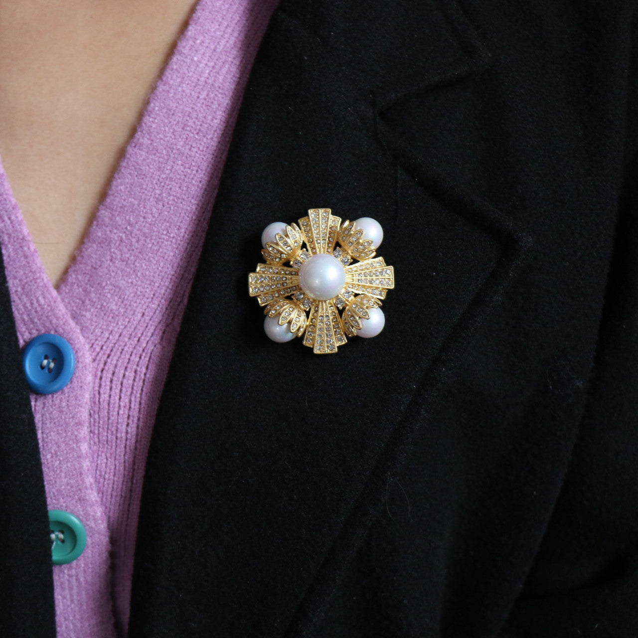 Vintage pearl and crystal brooch, gold-toned flower with central pearl and crystal petals
