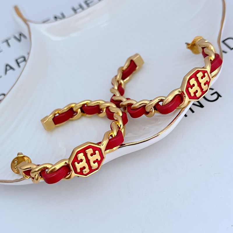 Leather-woven logo hoop earrings with red enamel and gold chain links