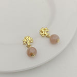 Agate pendant earrings, gold-tone with pink round bead drops