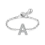 S925 sterling silver adjustable initial ring with chain band and full-pavé letter A